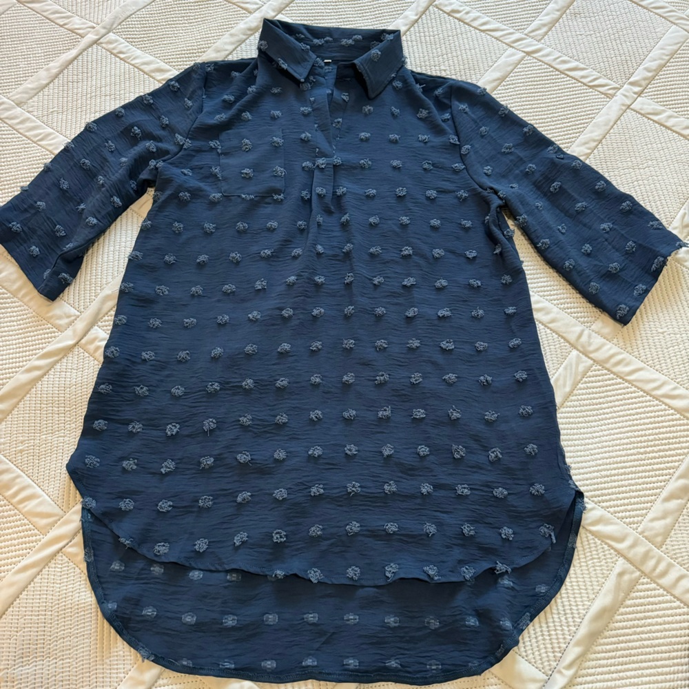 2/$10 NEW Womens Swimsuit Beach Cover up Blue Shirt Dress Swiss dots Sz S - Picture 2 of 8